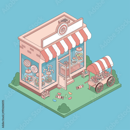 Isometric Candy Store with Cart and Sweets on Display.