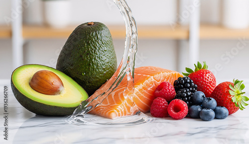 Healthy Omega-3 Food Concept – Salmon, Avocado and Fresh Berries