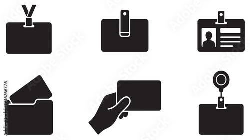 Collection of six black silhouette icons representing identification badges and access cards in various holders and formats.