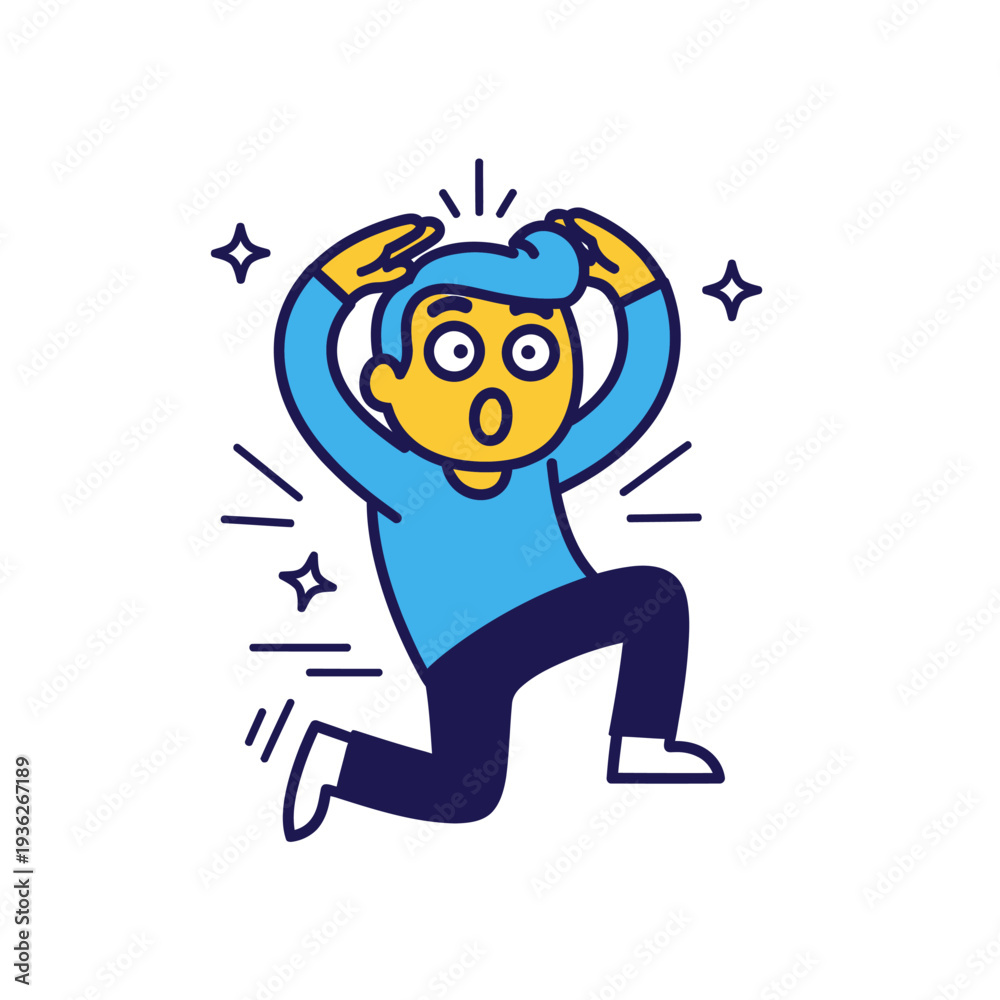 Naklejka premium Shocked Man Kneeling with Wide Eyes, Hands on Head, Vector Illustration