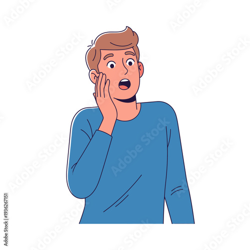 Shocked Man Holding Cheek, Wide Eyes, Open Mouth, Surprise Expression