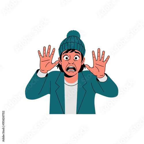 Scared Person in Winter Hat with Open Hands and Wide Eyes - Fear and Shock Expression