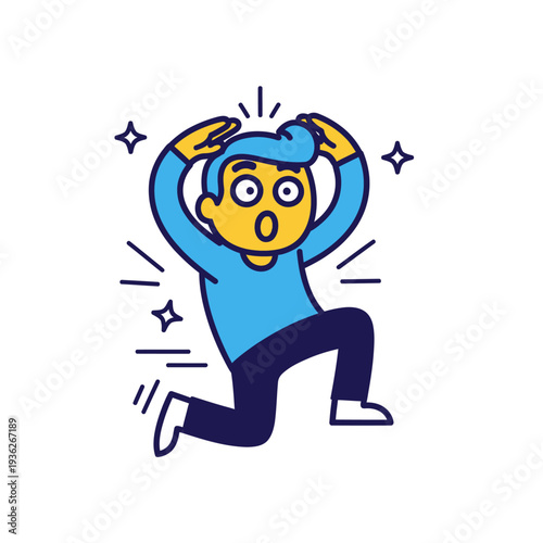 Shocked Man Kneeling with Wide Eyes, Hands on Head, Vector Illustration