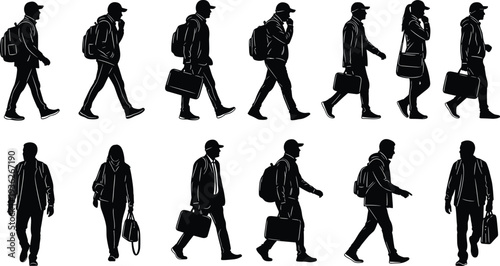 Walking human silhouettes with backpacks, handbags, and briefcases, vector illustration of male and female figures in motion design graphics
