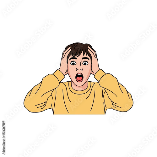 Shocked man holding head in hands, wide eyes, open mouth, illustration