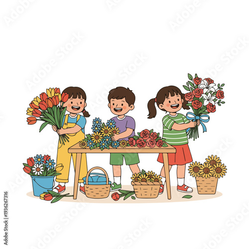 Three happy children are joyfully arranging colorful flowers like tulips, roses, and sunflowers, creating beautiful bouquets at a table.