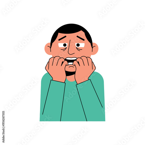 Anxious man biting nails, worried expression, illustration of stress and nervousness
