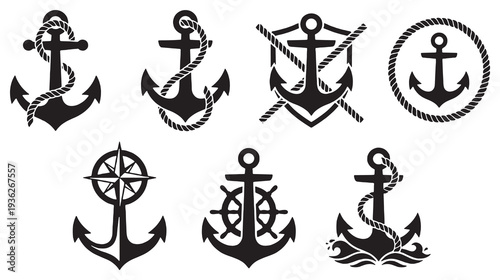 Collection of nautical anchor symbols and icons, representing maritime themes and seafaring adventures.