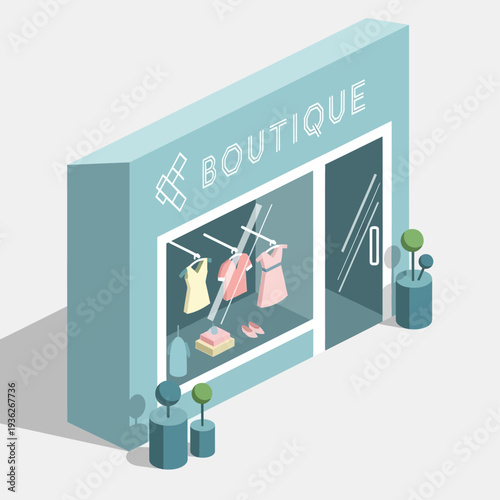 Isometric illustration of a boutique storefront with clothing and accessories on display.