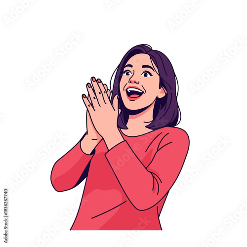 Excited Woman Clapping Hands and Looking Up in Amazement