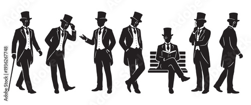 Collection of Silhouettes of Gentlemen in Tuxedos and Top Hats in Various Poses.