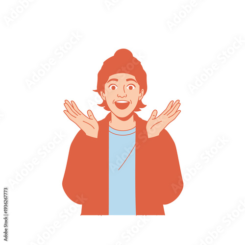 Excited young woman with open hands and surprised expression, wearing hat and jacket