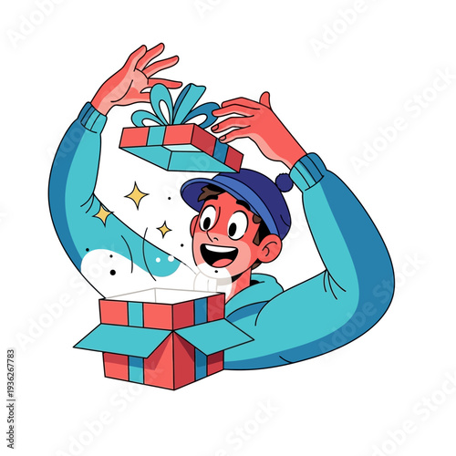 Excited young man opening a surprise gift box with glowing magic light and stars