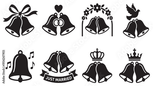 Collection of wedding bells icons and symbols for marriage celebrations.