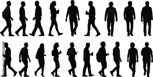 Human walking silhouettes with diverse postures, clothing styles, accessories, backpacks, drinks, hats, and high heels arranged in two rows