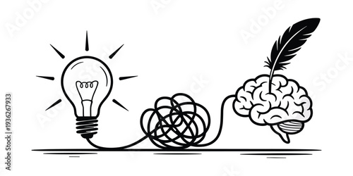 Black and white of lightbulb and brain with feather quill connected by tangled cord black and white idea vector illustration isolated on white background
