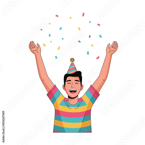Happy Man Celebrating with Confetti and Party Hat on White Background