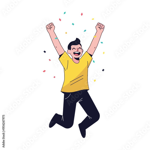 Happy Man Jumping With Arms Raised, Confetti Falling, Celebration, Success, Joy