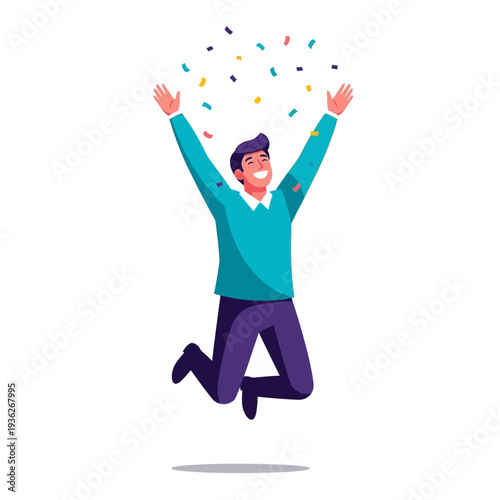 Happy Man Jumping with Confetti, Celebrating Success