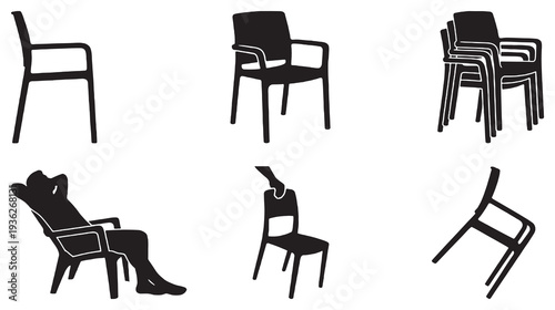 Collection of black silhouette icons representing different types of chairs and a person relaxing in a lounge chair.