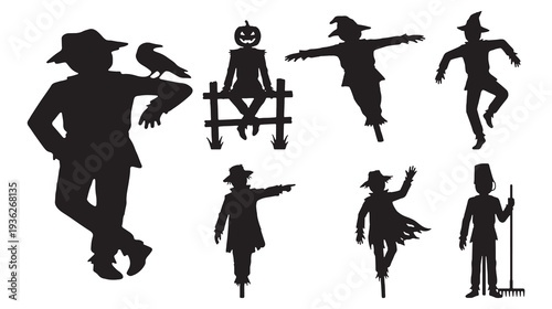 Collection of silhouette scarecrow figures in various poses, including one with a bird and a pumpkin-headed figure.