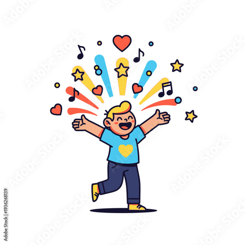 Joyful Boy Celebrating with Music Notes, Hearts, and Stars Bursting Out
