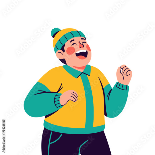 Joyful child in winter clothes laughing and dancing, isolated on white background