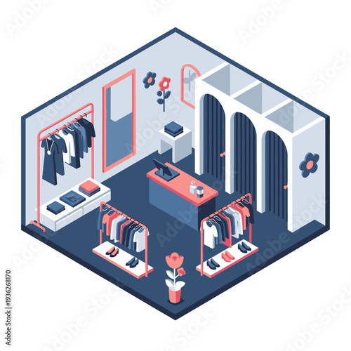 Isometric illustration of a clothing store interior with racks and mannequins.
