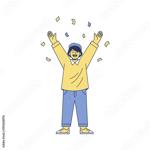 Joyful person celebrating with arms raised and confetti falling, vector illustration