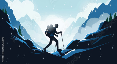 Silhouette of a hiker with backpack and trekking poles climbing a rocky mountain path in the rain