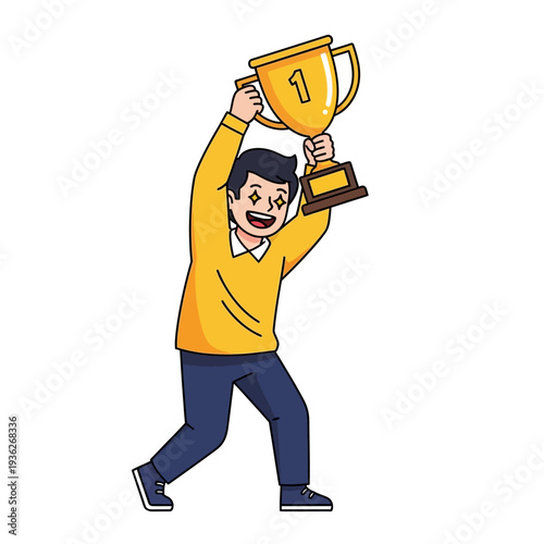 Man Holding Golden Trophy Celebrating Victory and Achievement