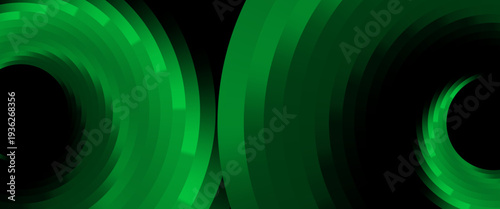 Dramatatic Dark Green Abstract Circular Geometric Background. A striking vector composition featuring luminous emerald green concentric arcs and pixelated segments on a deep black base.