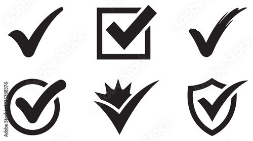 Collection of six different check mark icons in black, representing approval, confirmation, and success.