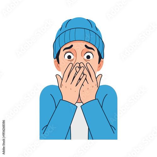 Man in Blue Beanie Covering Mouth in Shock, Fear, and Surprise