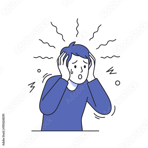 Man in distress, holding head in panic with wavy lines indicating stress and fear.