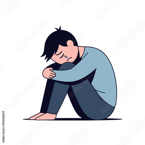 Sad Boy Huddled, Crying, Feeling Lonely and Depressed, Isolated