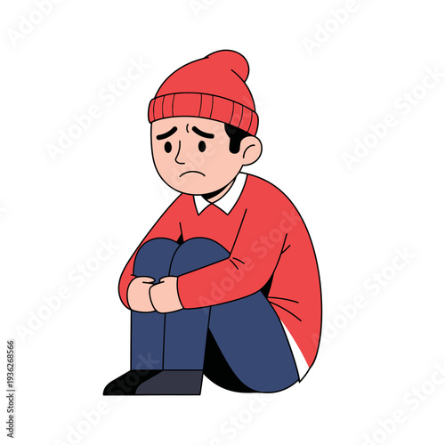 Sad Boy in Red Hat and Sweater Sitting Alone, Feeling Lonely and Depressed