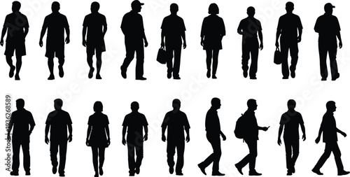 Walking people silhouettes illustration, diverse human figures in motion, men and women with bags, casual attire, vector design icons