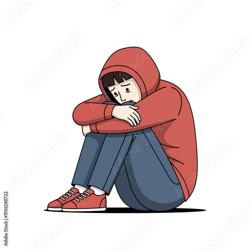 Sad Teenager in Red Hoodie Sitting Alone, Hiding Face, Feeling Depressed, Isolated