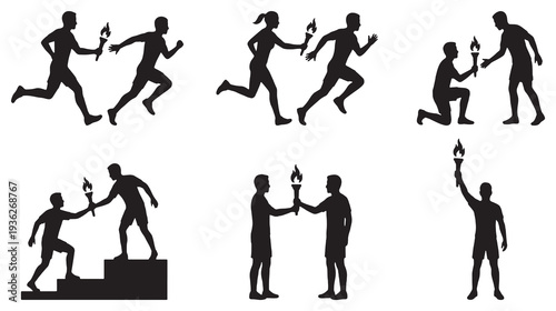 Silhouettes of athletes passing a torch, symbolizing teamwork, competition, and achievement.
