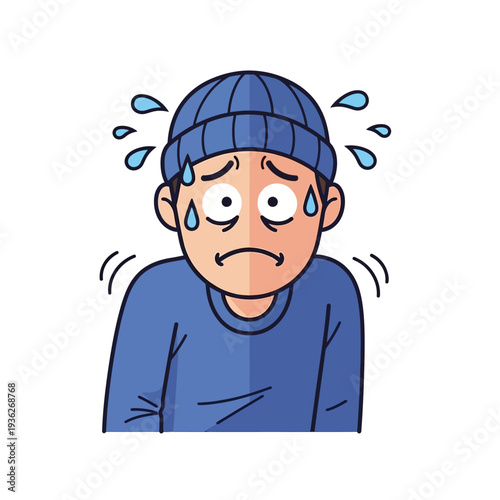 Scared Man Sweating and Shivering in Cold Weather