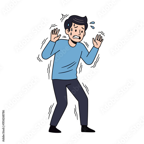 Scared man trembling with fear and sweat, isolated on white background
