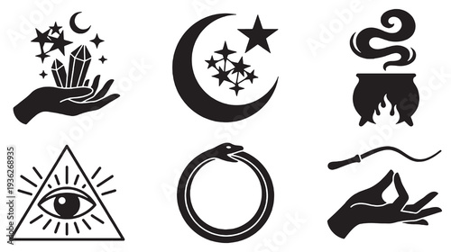 Collection of Esoteric and Mystical Symbols Including Crystals, Crescent Moon, Cauldron, Eye of Providence, Ouroboros, and Hand Gestures.