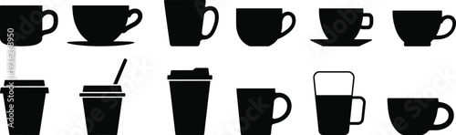 PrintBlack coffee cup and mug icon set featuring various ceramic tea cups and takeaway paper cups for cafe design