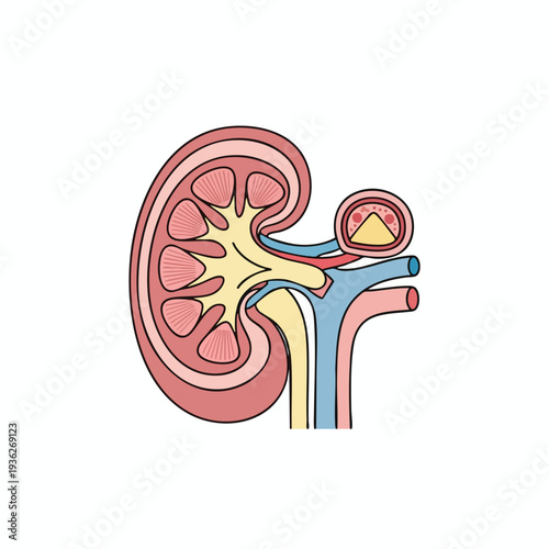 Detailed Illustration of Human Kidney Anatomy for Medical and Educational Use