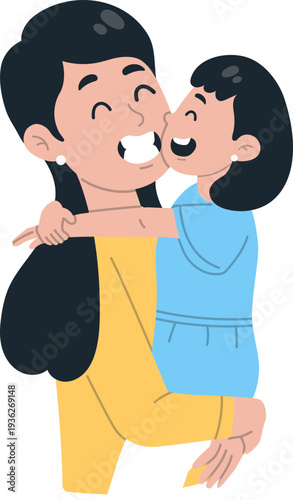 Mother Carrying Baby Boy Cartoon Illustration