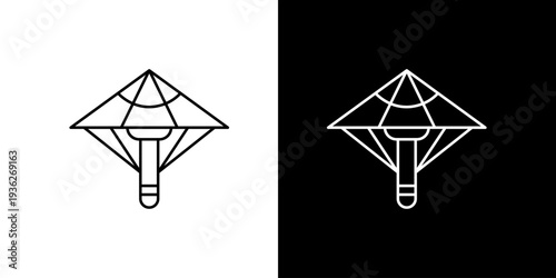 Sleek black and white line art vector icon depicting a futuristic geometric aerial craft or parachute design