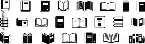 PrintBlack book icon set featuring open and closed textbooks literature symbols and library study elements for educational design isolated