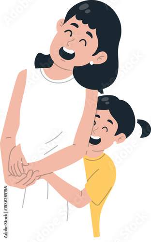 Loving Mother Embracing Little Daughter Cartoon