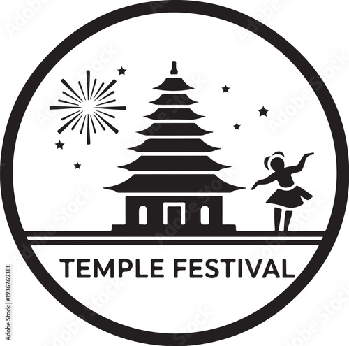 Vector illustration of temple festival logo with pagoda and dancer